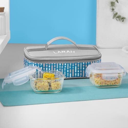 Vogue Borosilicate Glass Lunchbox with Bag | 2pc Square Container (320ml Each) Blue