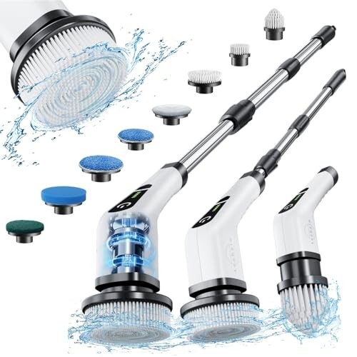 Electric Spin Scrubber, Leebein Cordless Cleaning Brush with 8 Replaceable Brush Heads, Tub and Floor Tile 360 Power Scrubber Dual Speed with Adjustable & Detachable Handle for Bathroom Kitchen Car