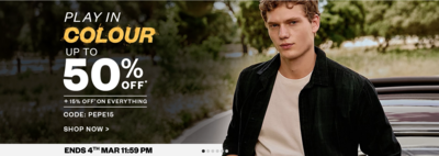 Pepe Jeans Play in Colour Upto 50% off + Extra 15% off on everything 