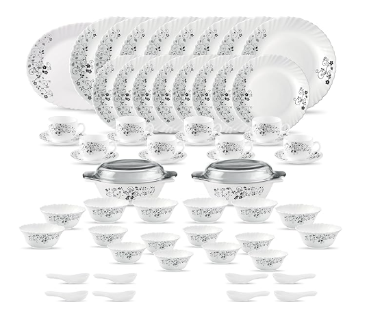 La Opala Diva Classique Collection Opal Glass Crockery |Dinner Set 61 pcs Mystrio Black (White)