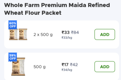 Blinkit - Whole Farm Refined flour (Maida) 500g×2 - 33rs