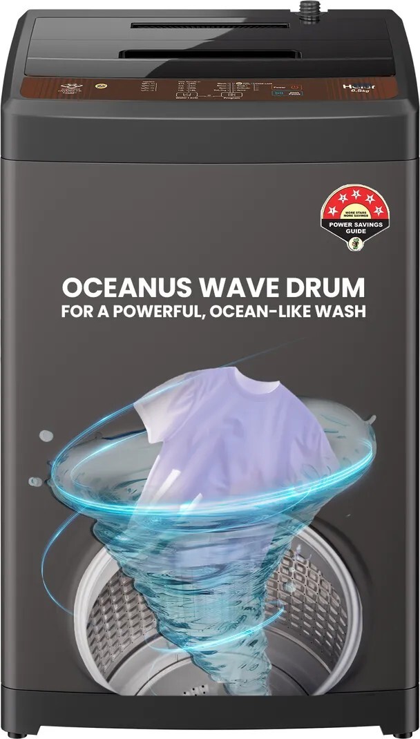 Haier 6.5 kg Powerful Oceanus Wave Drum, Smart Fuzzy Control, Balance Clean Pulsator, Custom Wash Cycles with 15 Mins Quick Wash, Magic Filter, Fully Automatic Top Load Brown, Grey (HWM65-FES5)