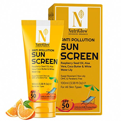 NutriGlow Advanced Organics Anti-Pollution Sunscreen SPF 50 PA+++ | No White Cast | Raspberry Seed Oil + White Water Lily | Broad Spectrum UVA/UVB & Blue Light Protection | Non-Greasy, for Men & Women | 100ml