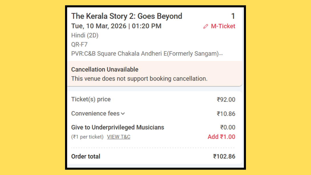 Proceed to pay  The final ticket price will be ₹92 (PVR offer) + ₹10 convenience fee