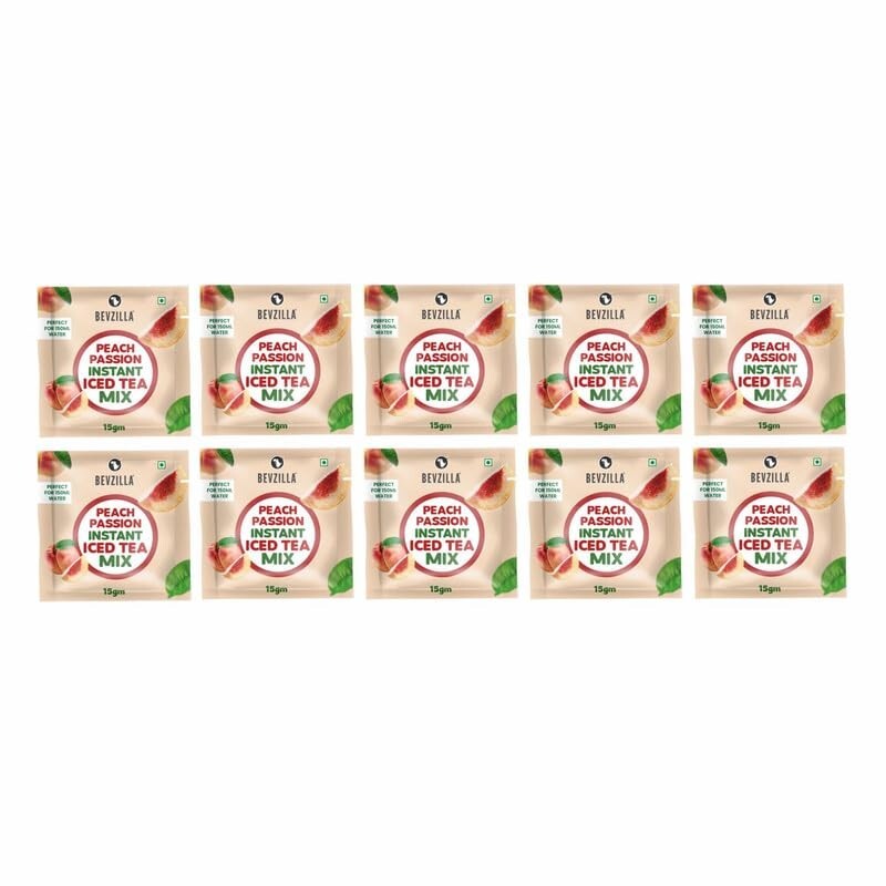 Bevzilla Peach Passion Instant Iced Tea Mix – Pack of 10(15gm Each) 