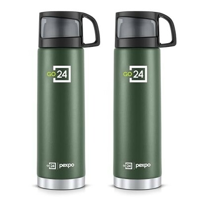 Pexpo Stainless Steel Water Bottle 1 LTR (Pack of 2), ISI Certified, Hot & Cold Flask with Jute Bag | 3 Layer Insulation | 2 Year Warranty | for Office, Travel, Picnic | Fererro | Military Green