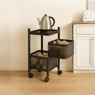 2-Layer Revolving Square Storage Trolley – Black Metal Swinging Basket Rack with Wheels – Space-Saving Square Organizer for Kitchen, Bathroom, Office & Home Essentials