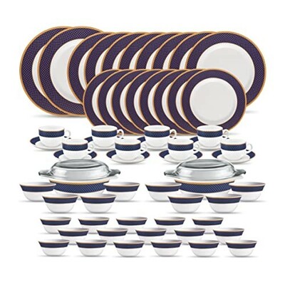 La Opala Diva Sovrana Collection Opal Glass Crockery | for Family of 8 | Dinner Set 62 pcs Regent Blue