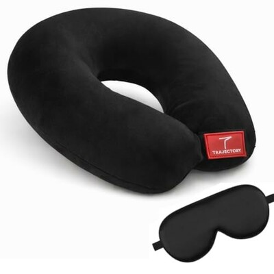 Trajectory Travel Neck Pillow with Sleeping Eye Mask Combo for Travelling and Sleeping in Airplane Flight, Cab, Car, Train, Bus for Men and Women Black(As seen on Shark Tank)