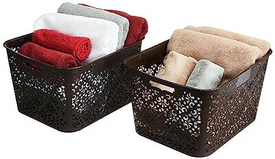 Amazon Brand - Solimo Bamboo Royal Multipurpose Storage Basket - Large (Set Of 2,Brown) Rectangular