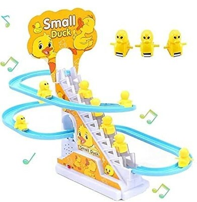 Fiddlys Happy Time Duck Slide Toy Set, Funny Automatic Stair-Climbing Ducklings Cartoon Race Track Set Little Lovely Slide Toy Escalator with Lights and Music for Kids & Children 3+ (Duck 3 Pcs)