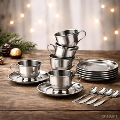 Steel Cup and Saucer  set of 6  (50% discount coupon)