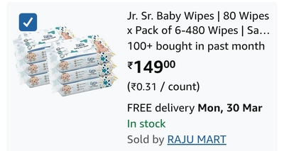 Jr. Sr. Baby Wipes | 80 Wipes x Pack of 6-480 Wipes | Safe & Moist Wet Wipes for Babies | Prevents Rashes & Redness with Goodness of Aloe Vera, Vitamin E & Chamomile Oil | No Paraben & No Alcohol