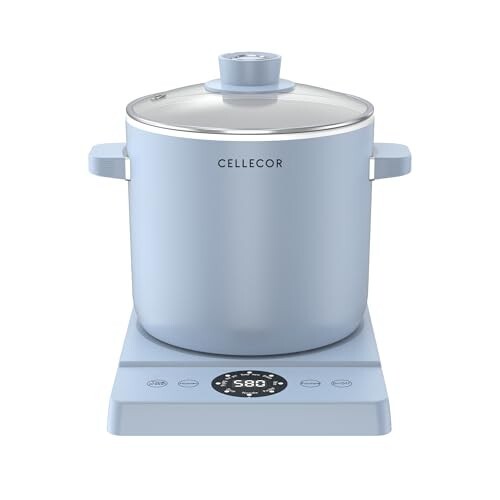 Cellecor White Ceramic Non-Stick Coated Multi-Cook Kettle CMK22 Cook Box Touch Control, LED Display, Egg Boiler with Steamer (2.2 L, Light Blue)