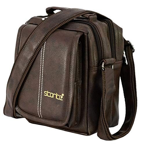 Storite 8 Inch Stylish Pu Leather Multi-Pocket Small Sling Cross Body Travel office Messenger One Side Shoulder Handbag for Men & Women - Brown (20.5 x 9 x 16.5 Cm)