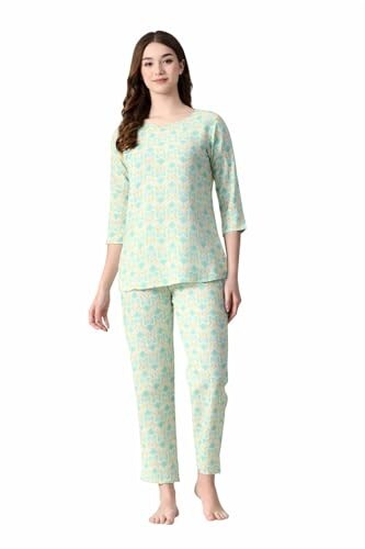 Women's Green Rayon Printed Round-Neck Night Suit Set with Pocket| in Plus Sizes
