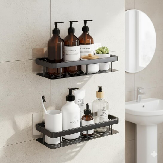 amazon basics Bathroom Organizer Without Drill | Wall Mounted Bathroom Shelves & Rack for Modern Space Saving Storage Pack of 2