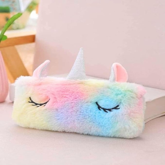 Cute Unicorn Plush Pencil Pouch for Girls | Soft Fur Zipper Pouch for Stationery & Storage
