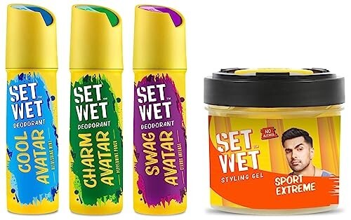 Set Wet Deodorant Spray Perfume, 150ml (Cool, Charm and Swag Avatar Pack of 3) and Hair Gel Ultimate Hold, 250ml 