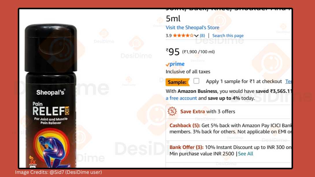 For example, check how this pain relief oil is listed at ₹99 but can be purchased at ₹1 by applying Amazon Sample coupon.