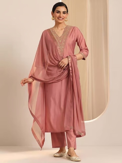 Libas Peach Straight Fit Embroidered Kurta Sets