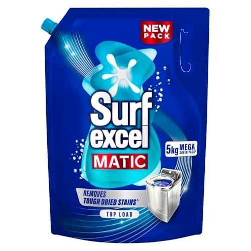 Surf Excel Matic Top Load Liquid Detergent 5L Refill Pouch, Specially designed to remove Tough Dried Stains, 1st time in Washing Machine