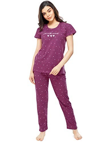 ZEYO Women's Cotton Star & Dot Printed Night Suit Set of Top & Pajama Set