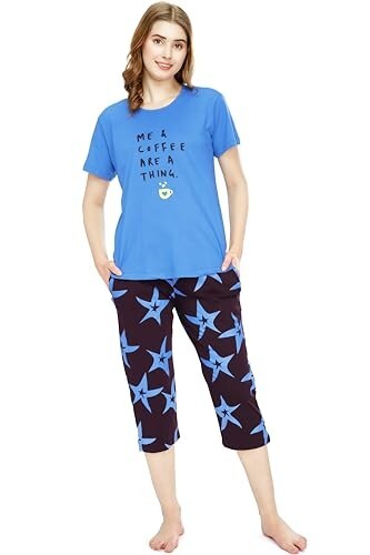 ZEYO Night Suit for Women's Star Printed Cotton Night Dress of Top and Capri Set 5746