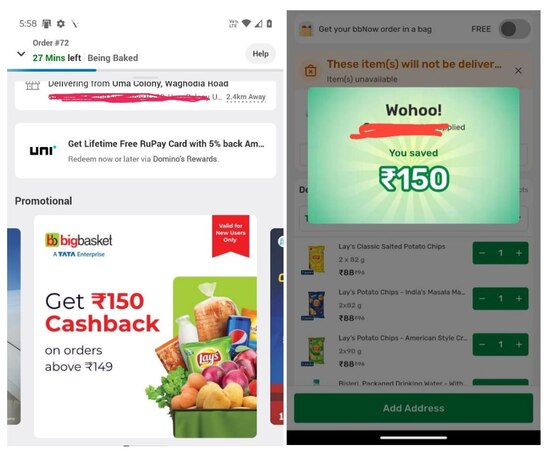 Bigbasket free cashback on 149