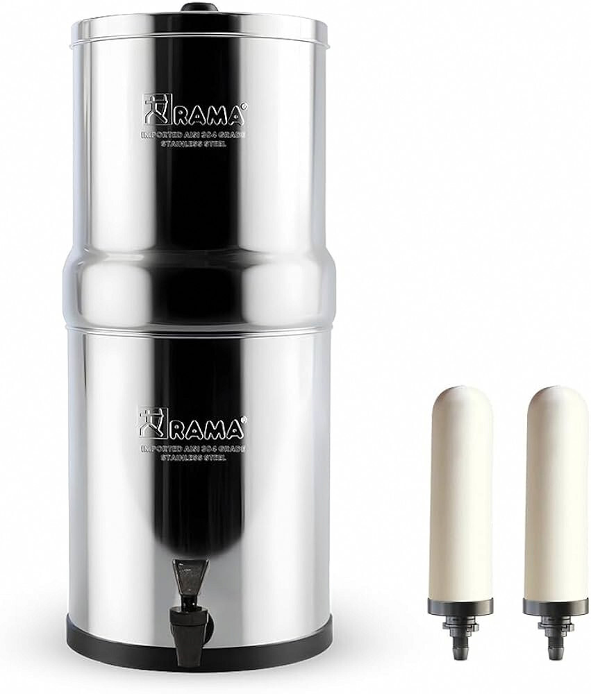 RAMA Gravity Water Filter | 24L Total Capacity (12L Storage) | 304 Grade Stainless Steel Non Electric Water Purifier Filter for Home | Includes 2 Spirit 7" Ceramic Candles & 10-Year Warranty 