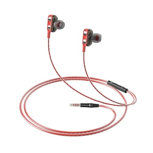 amazon basics in-Ear Wired Earphones with 9 mm Dual Drivers, in-Line Mic (Black and Red)