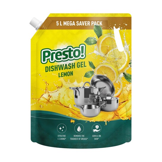 Amazon Brand - Presto! Dishwash Gel | Lemon | 5 L Refill