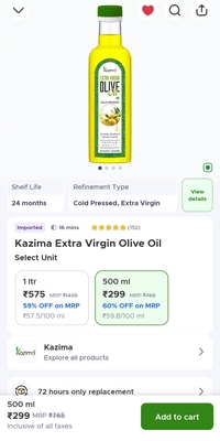 Kazima Extra Virgin Olive Oil on Blinkit 500 ml @ 299 rs and 1 ltr @ 575 rs 