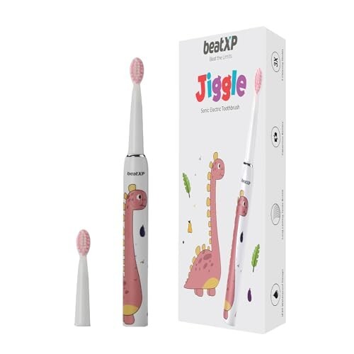 beatXP Jiggle Sonic Electric Toothbrush for Kids with 2 Brush Heads & 3 Cleaning Modes (Milky White)