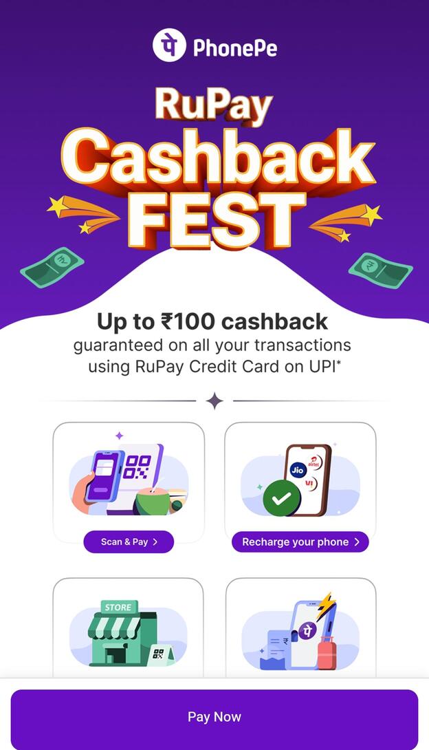 Phonepe - Rupay Cashback Fest - Get Assured cashback (Rs. 5) on p2m with rupay credit card (min Rs. 100)