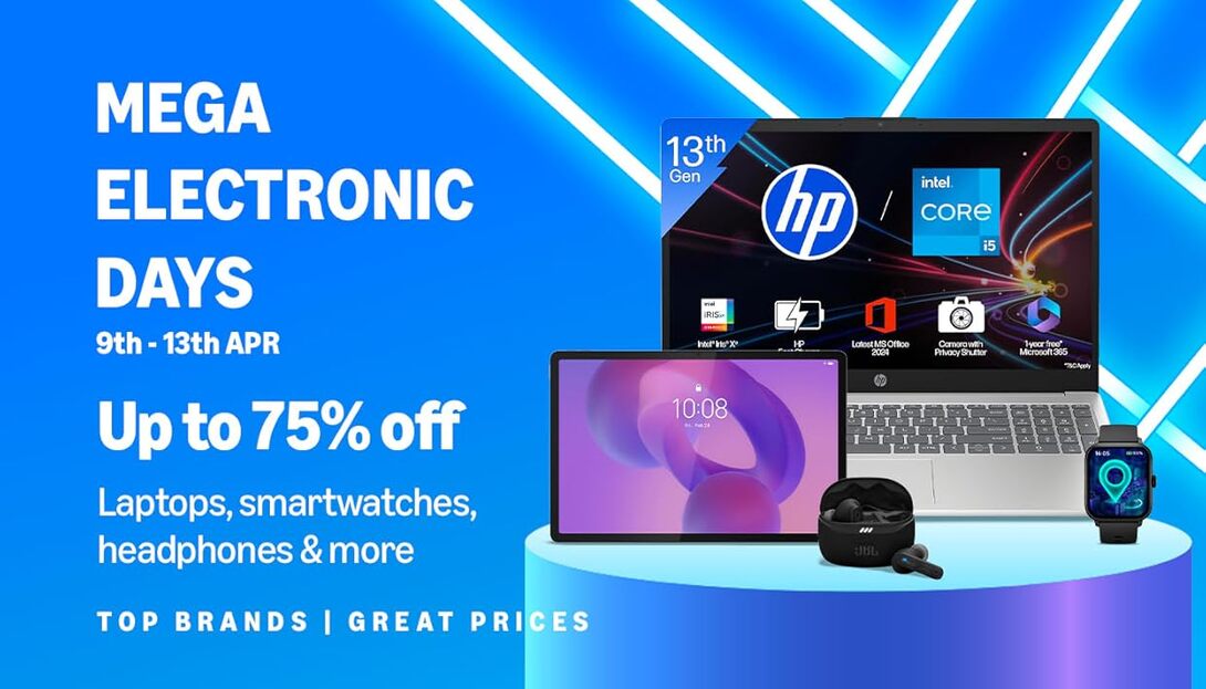 Amazon Mega Electronic Days Up To 75% off on Laptops, Smartwatches, Headphones & More (9th - 13th April)