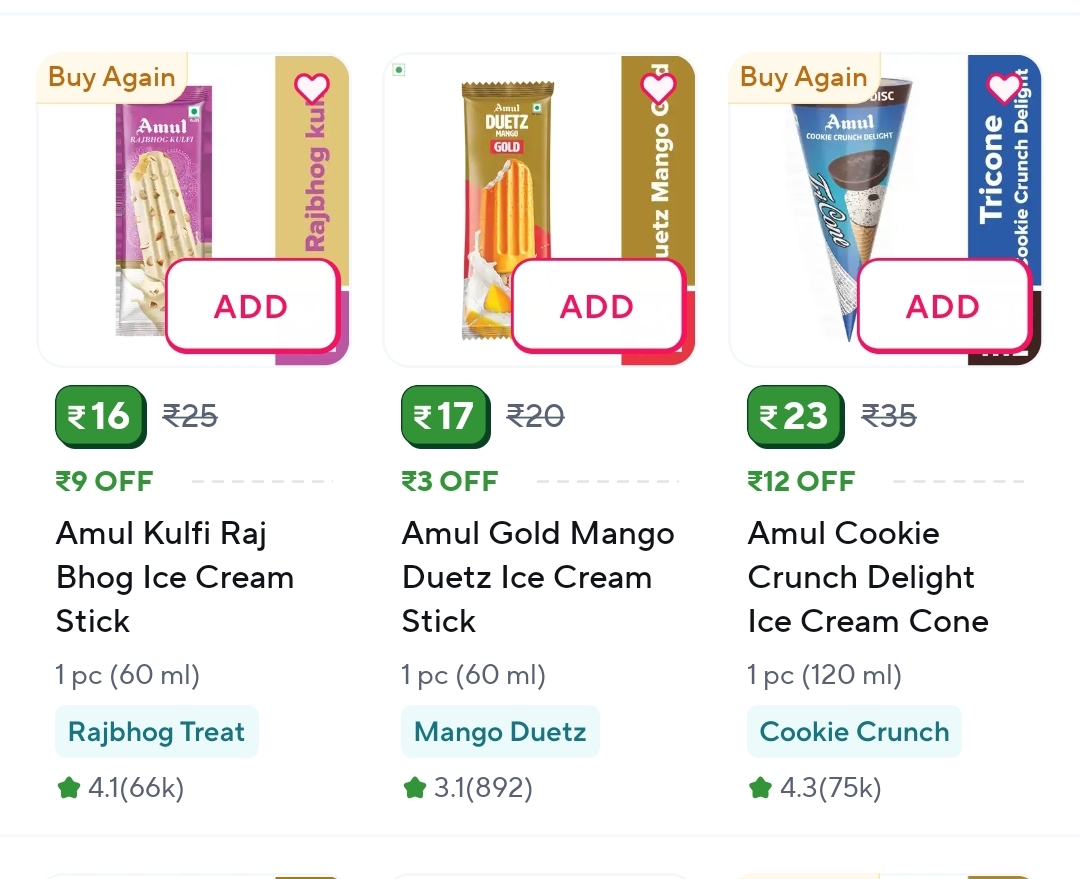 Amul icecream available at 35 percent off at zepto