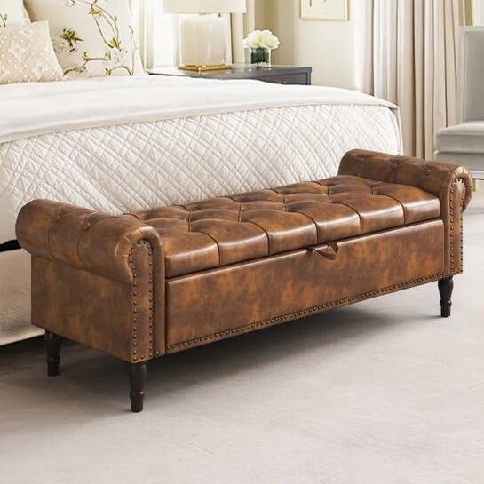 Leather Storage Ottoman Bench with Rolled Arms Brown