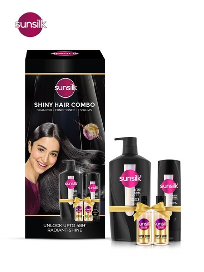 Sunsilk Shiny Hair Combo Radiant Black Shine Shampoo+Conditioner & 2 Super Shine Serum 