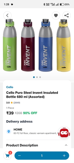 Cello Puro Steel Invent Insulated Bottle 680 ml (Assorted)