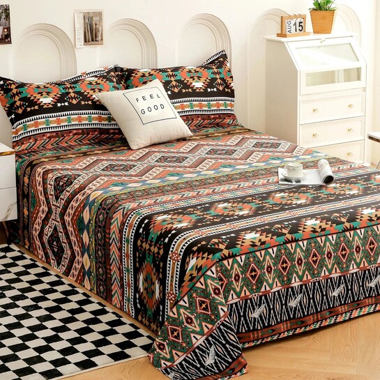 Story@home Microfiber Double Flat 240 TC Printed 1 Bedsheet with 2 Pillow Covers (Beige, Black)