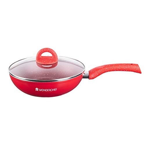 Wonderchef Granite Non-Stick Wok with Glass Lid 24cm Red