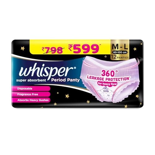 Whisper Super Absorbent Period Panty, 12 M-L Pants, 360 Degree Leakage Protection
