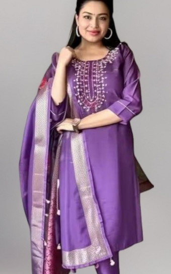 Bazaar : Women’s Chanderi Silk Kurti Set (Purple, L) | 3/4 Sleeve, Pants & Dupatta