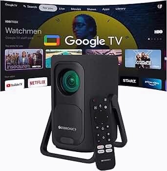 Zebronics Official Google TV Projector, 7500 Lumens, 4K Support, 200” Display, Auto Focus & Keystone, 270° Tilt, Portable Home Theater Cinema,Netflix, Prime, WiFi, BT, HDMI ARC (PixaPlay 77G) 