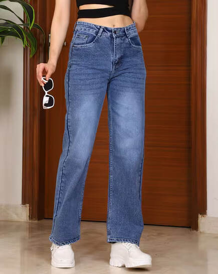 Shein Straight Fit Full Length Fly With Button Closure Mid Wash Jeans