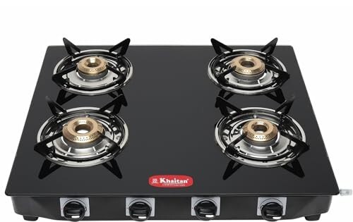 Khaitan Tempered Glass 4 Burner Premium Black Toughened Lpg Gas Cooktop
