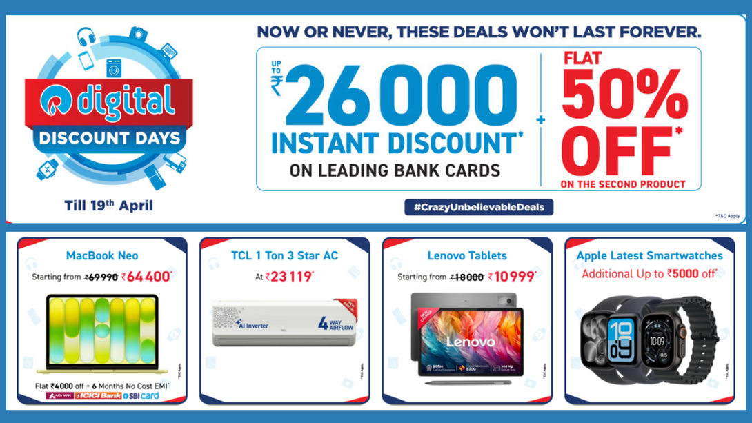 Reliance Digital Discount Days Live: 50% Off & MacBook Neo at ₹64,400