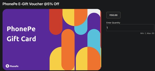 WOOHOO - Phonepe gift vouchers at 5% off (Only Rs 50 denomination)