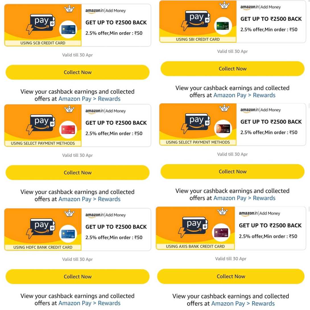 Amazon Pay Wallet × Add Money Offers - Get 2.5% cash back up to Rs. 2500 (Selected Accounts, 2.5% Charges)